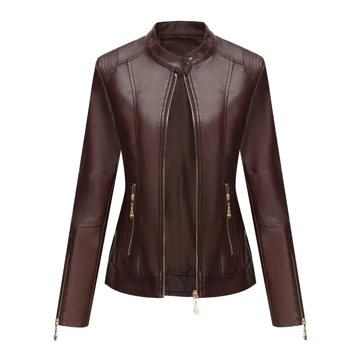 Faux Leather Women Coat Full Sleeve Round Neck Slim Fit Solid Sexy Regular Jackets Zipper