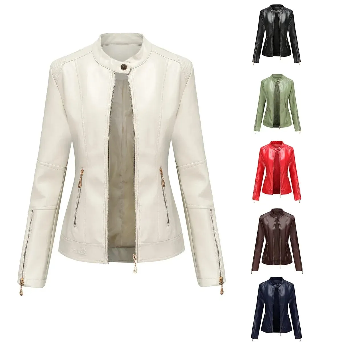 Faux Leather Women Coat Full Sleeve Round Neck Slim Fit Solid Sexy Regular Jackets Zipper