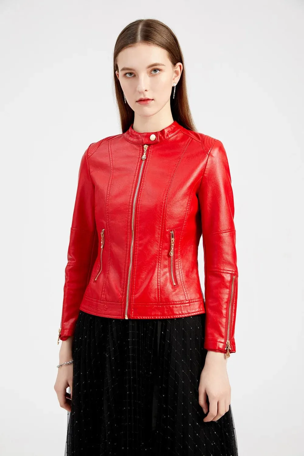 Faux Leather Women Coat Full Sleeve Round Neck Slim Fit Solid Sexy Regular Jackets Zipper