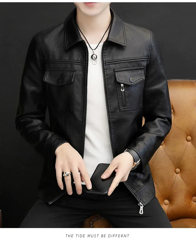 Handsome Jacket Casual K-style Lapel Spring and Autumn Leather Coat