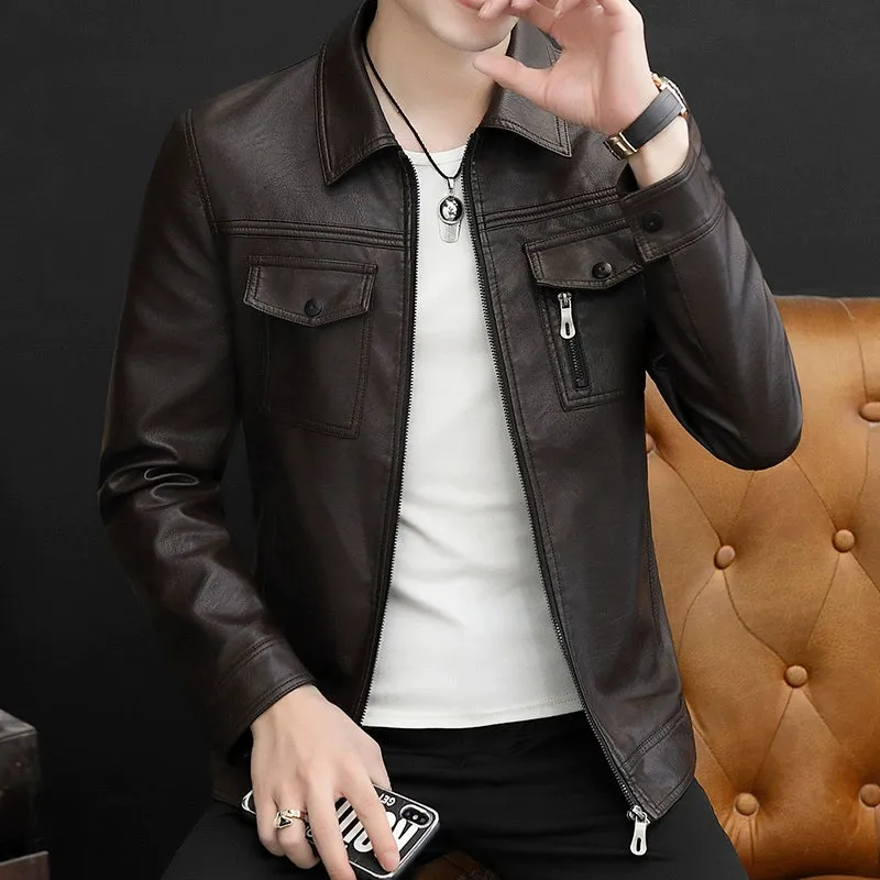 Handsome Jacket Casual K-style Lapel Spring and Autumn Leather Coat