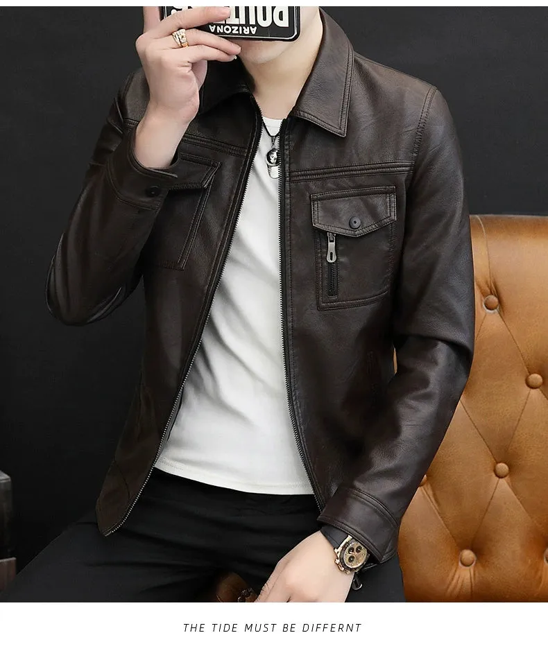 Handsome Jacket Casual K-style Lapel Spring and Autumn Leather Coat