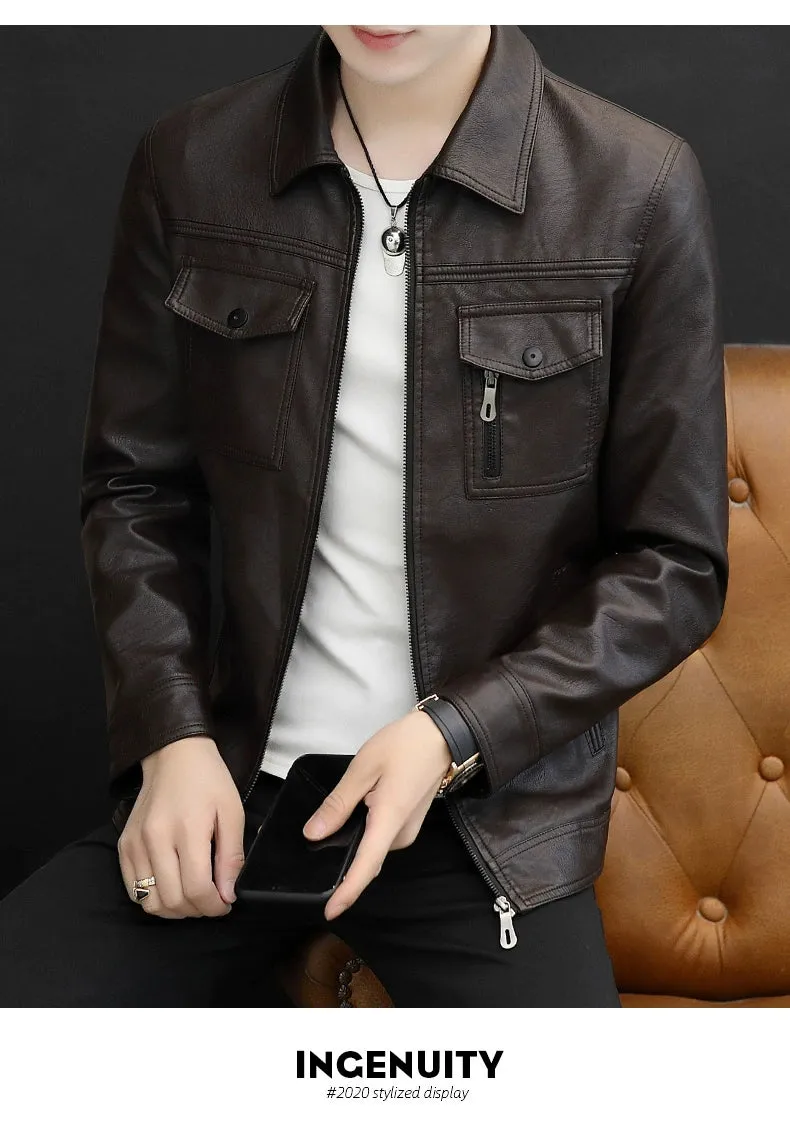 Handsome Jacket Casual K-style Lapel Spring and Autumn Leather Coat