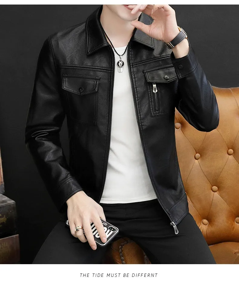 Handsome Jacket Casual K-style Lapel Spring and Autumn Leather Coat