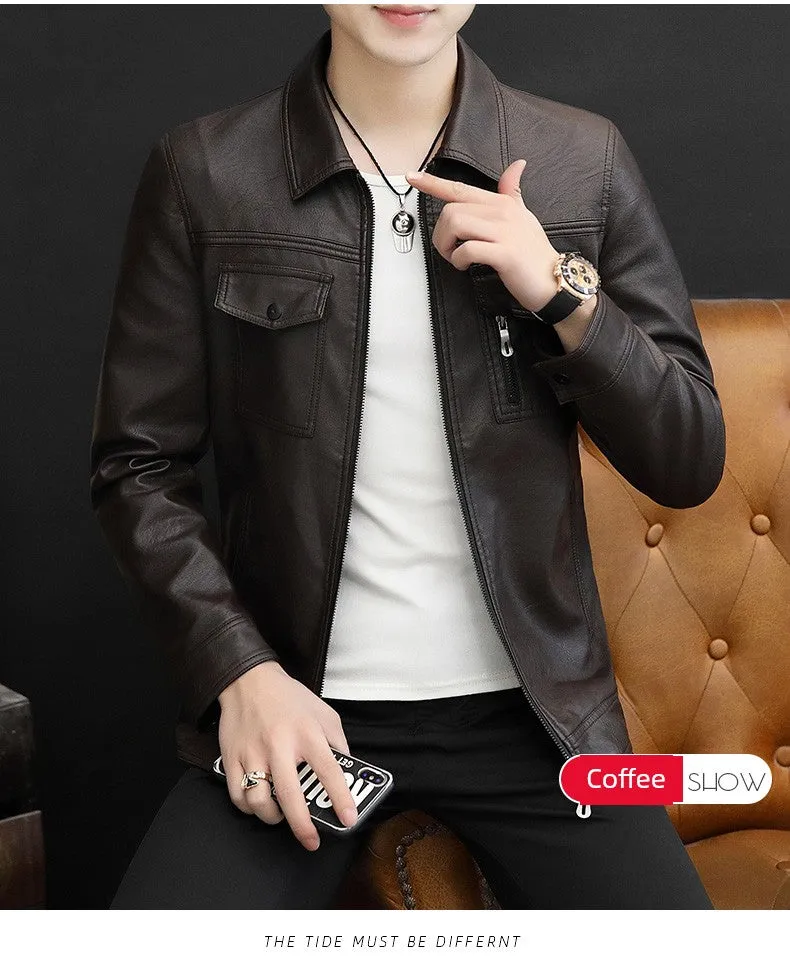 Handsome Jacket Casual K-style Lapel Spring and Autumn Leather Coat