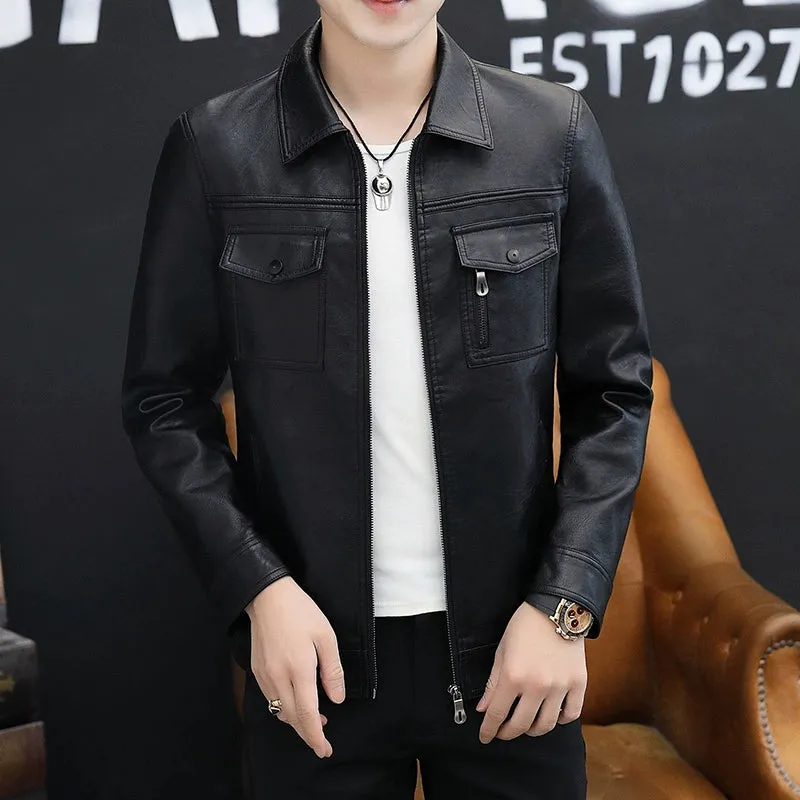 Handsome Jacket Casual K-style Lapel Spring and Autumn Leather Coat