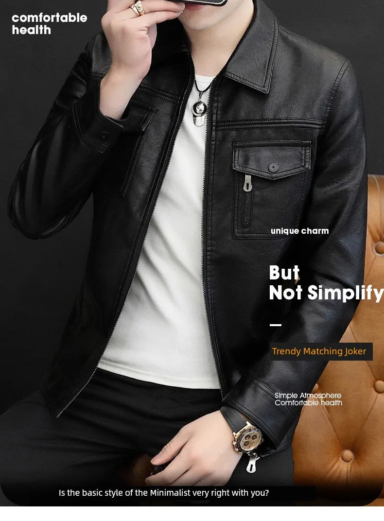 Handsome Jacket Casual K-style Lapel Spring and Autumn Leather Coat