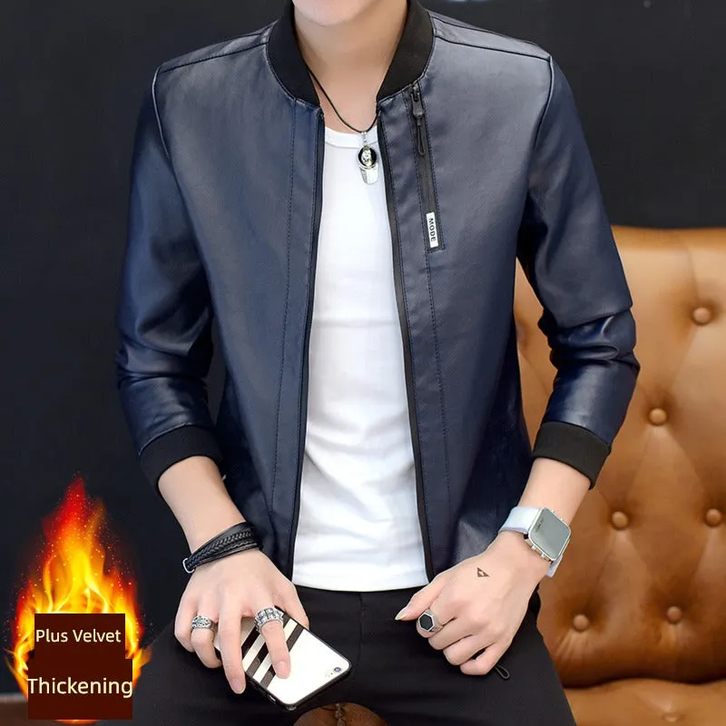 Handsome Jacket Casual K-style Lapel Spring and Autumn Leather Coat