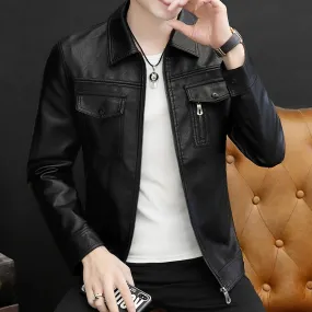 Handsome Jacket Casual K-style Lapel Spring and Autumn Leather Coat