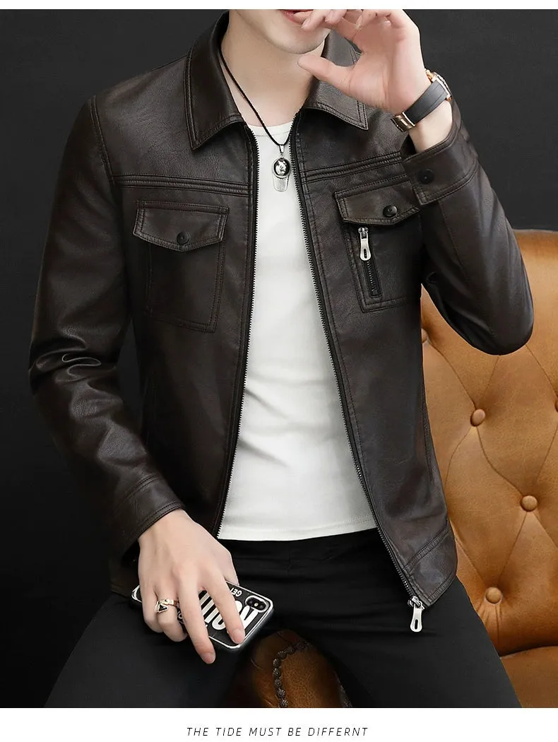 Handsome Jacket Casual K-style Lapel Spring and Autumn Leather Coat