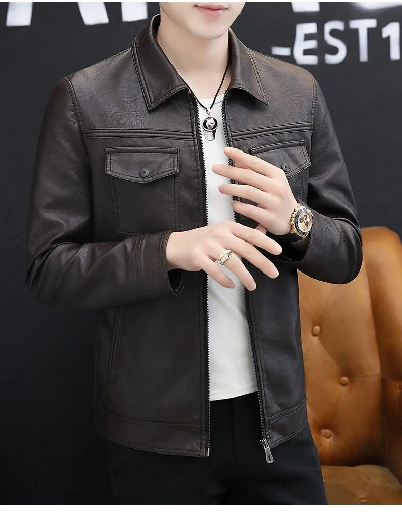 Handsome Jacket Casual K-style Lapel Spring and Autumn Leather Coat