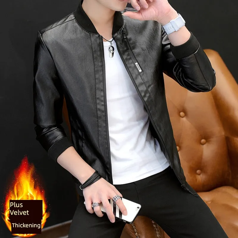 Handsome Jacket Casual K-style Lapel Spring and Autumn Leather Coat