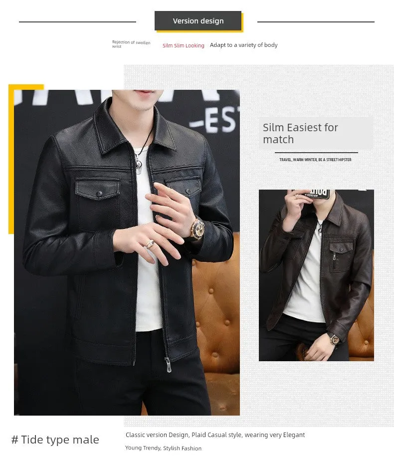 Handsome Jacket Casual K-style Lapel Spring and Autumn Leather Coat