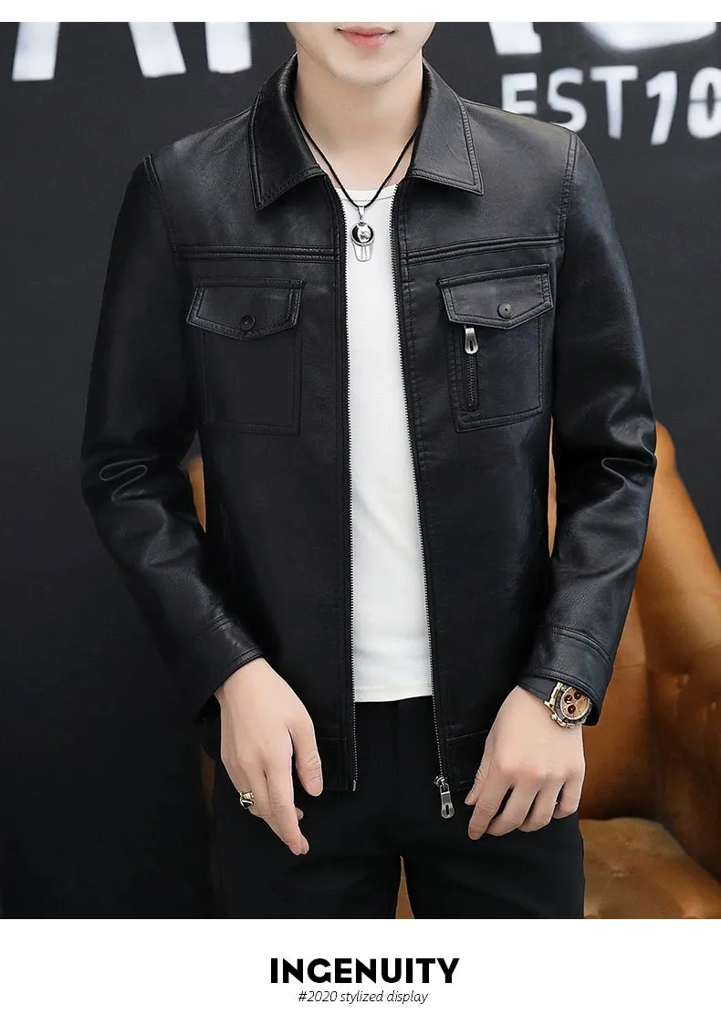 Handsome Jacket Casual K-style Lapel Spring and Autumn Leather Coat