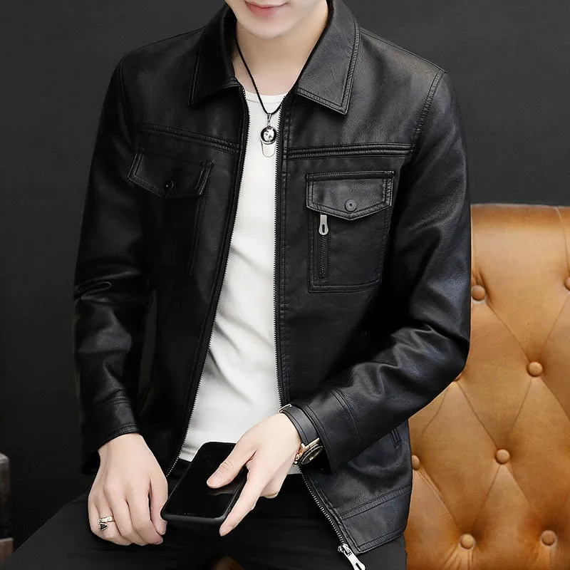 Handsome Jacket Casual K-style Lapel Spring and Autumn Leather Coat