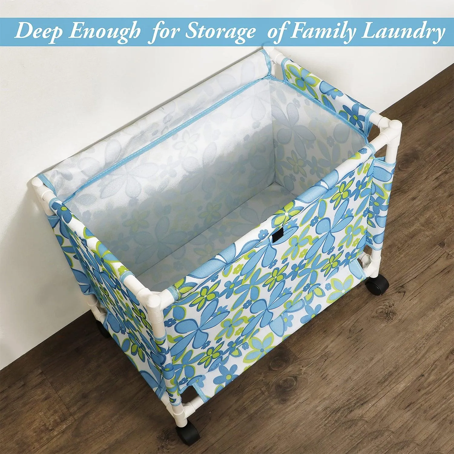 HOKIPO Oxford Fabric Laundry Basket Trolley With Wheels - 46x54x34 cm, Blue