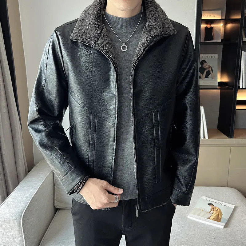 Hong Kong Style Velvet Padded Plus Size Men's Leather Jackets