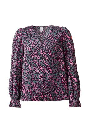 Khaki with Pink and Black Small Shadow Leopard Flute Sleeve Blouse