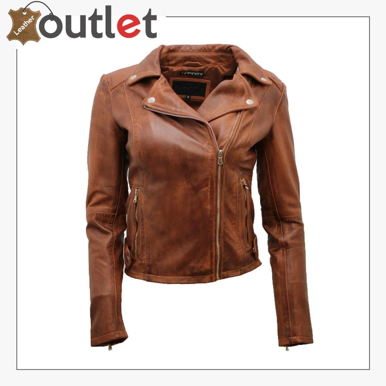 Ladies Coniac Tan Vintage Brando 100% Leather Biker Jacket