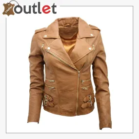 Ladies Tan Real 100% Lamb Nappa Leather Biker Jacket