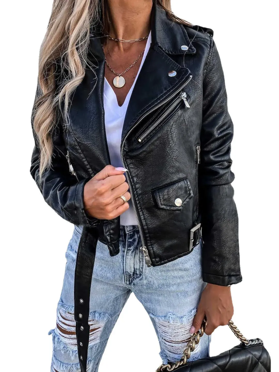 Leather Jacket for Women 2023 Long Sleeve Zipper Pockets Moto Crop Jacket Coats Street wear Fashion Biker Casual Coats