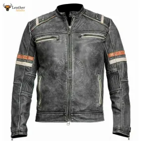 Men's Biker Vintage Motorcycle Café Racer Retro 2 Moto Distressed Leather Jacket