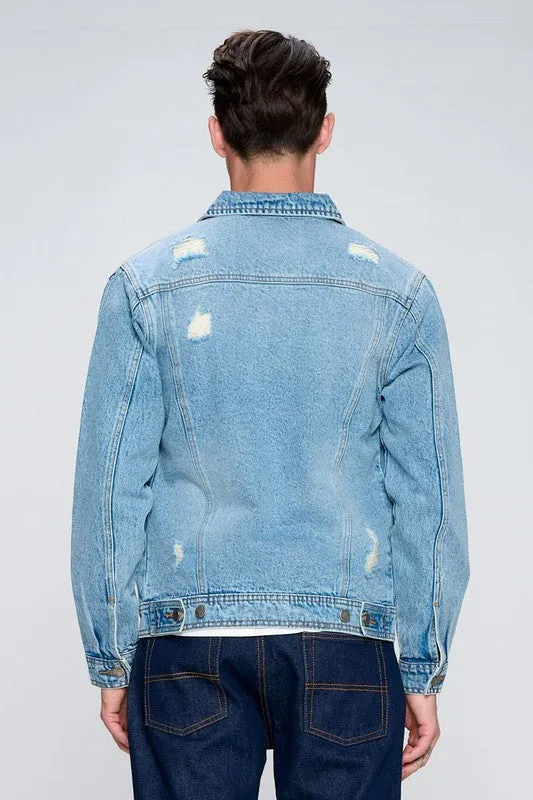 Men's Light Blue Denim Jacket with Distressed