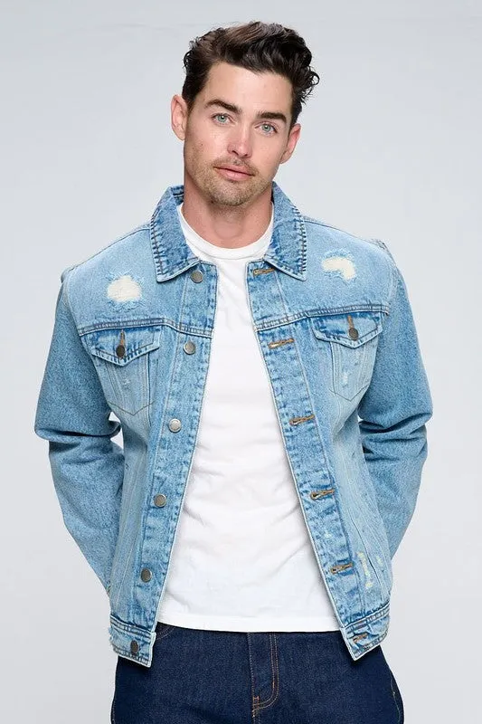 Men's Light Blue Denim Jacket with Distressed