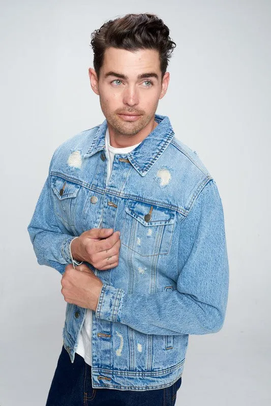 Men's Light Blue Denim Jacket with Distressed