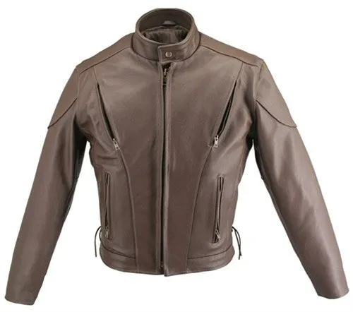 Men's Made in USA Classic Brown Naked Leather Vented Motorcycle Jacket with Gun Pockets