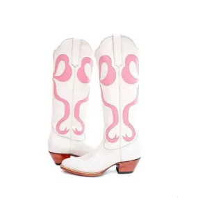 Merendy Square heel Pinky Embroidered Cowboy Boots