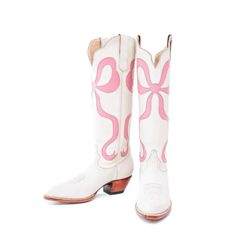 Merendy Square heel Pinky Embroidered Cowboy Boots