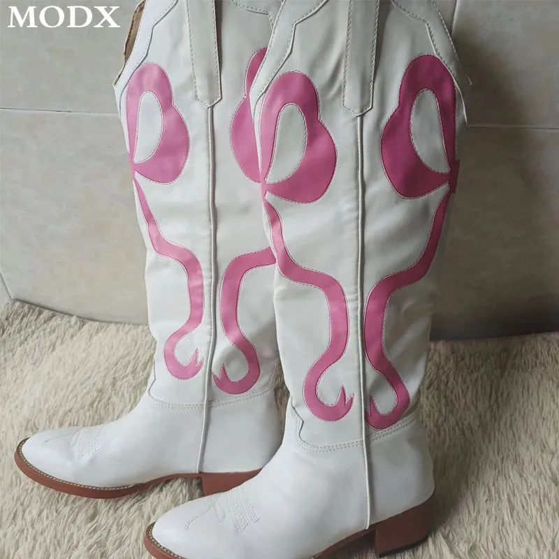 Merendy Square heel Pinky Embroidered Cowboy Boots