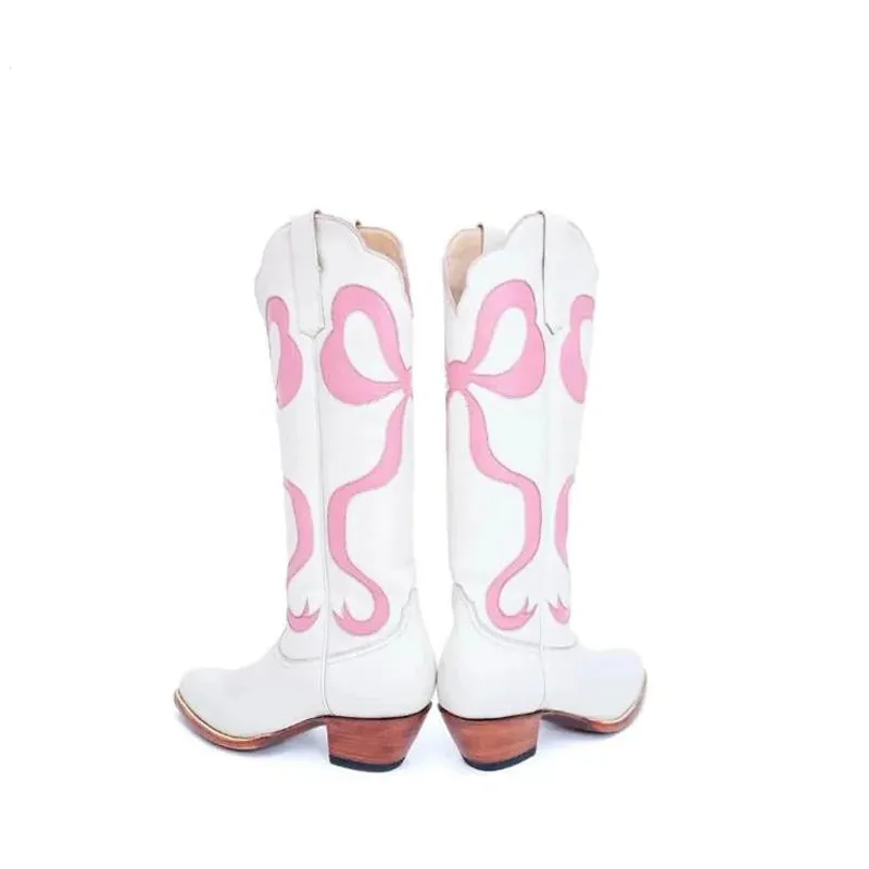 Merendy Square heel Pinky Embroidered Cowboy Boots