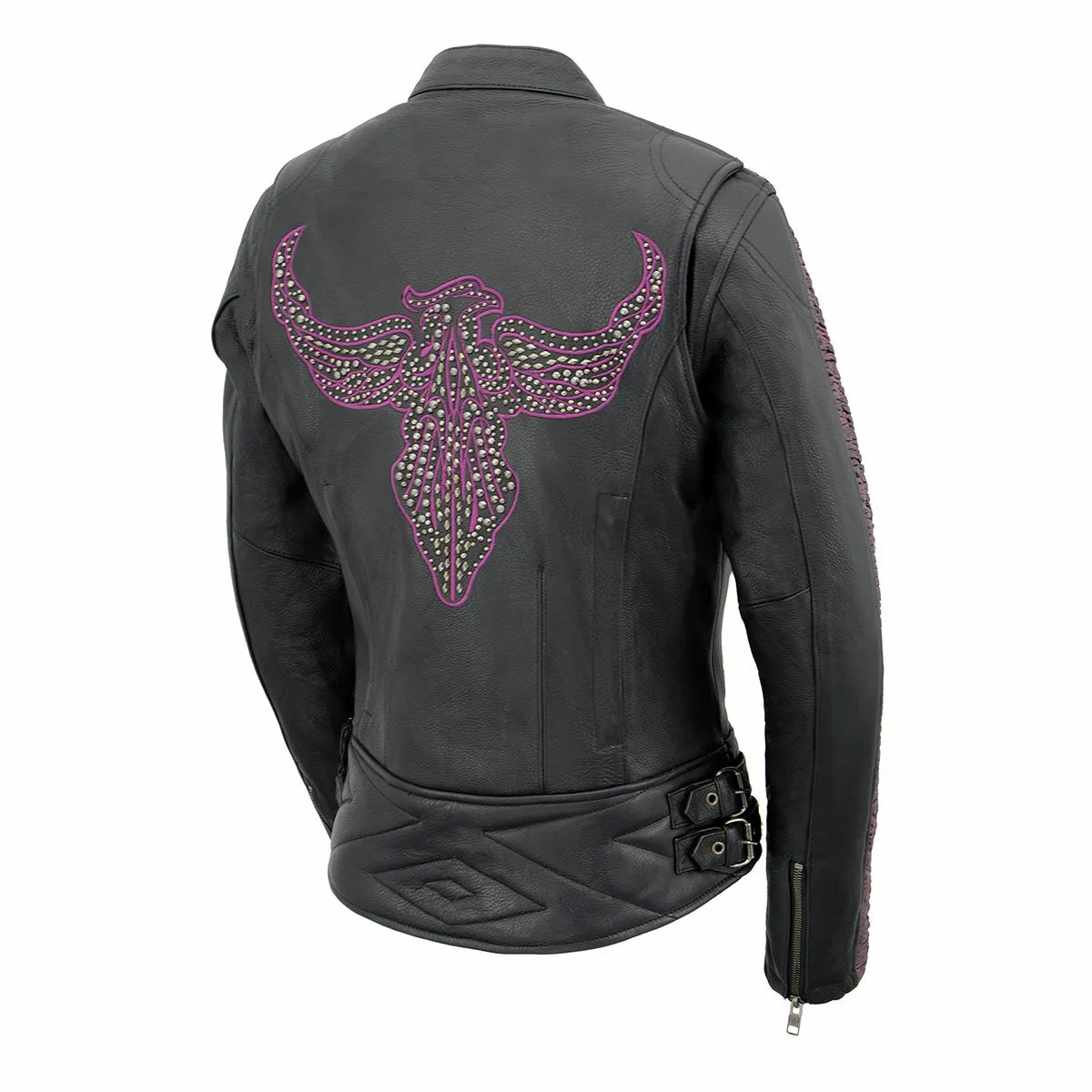 Milwaukee Leather MLL2570 Women's 'Phoenix Embroidered' Black and Purple Motorcycle Leather Jacket