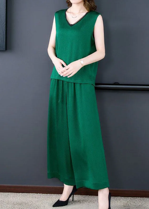 Natural Green V Neck Patchwork Silk Tops And Pants Two-Piece Set  Summer LY4589