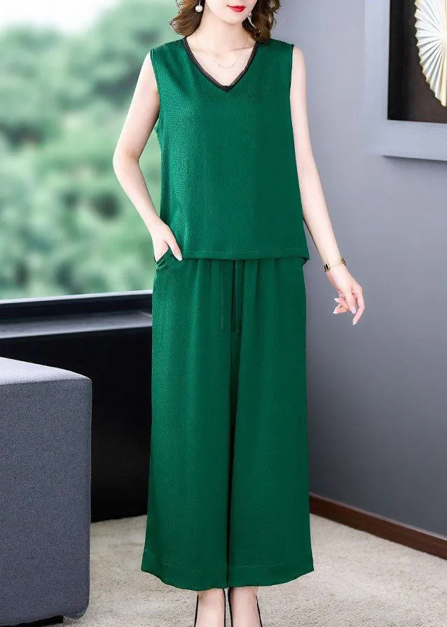 Natural Green V Neck Patchwork Silk Tops And Pants Two-Piece Set  Summer LY4589