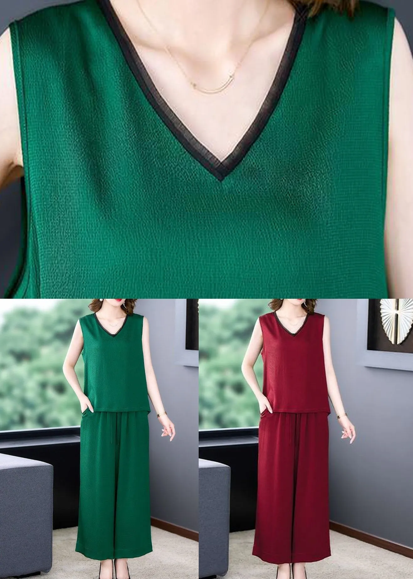 Natural Green V Neck Patchwork Silk Tops And Pants Two-Piece Set  Summer LY4589