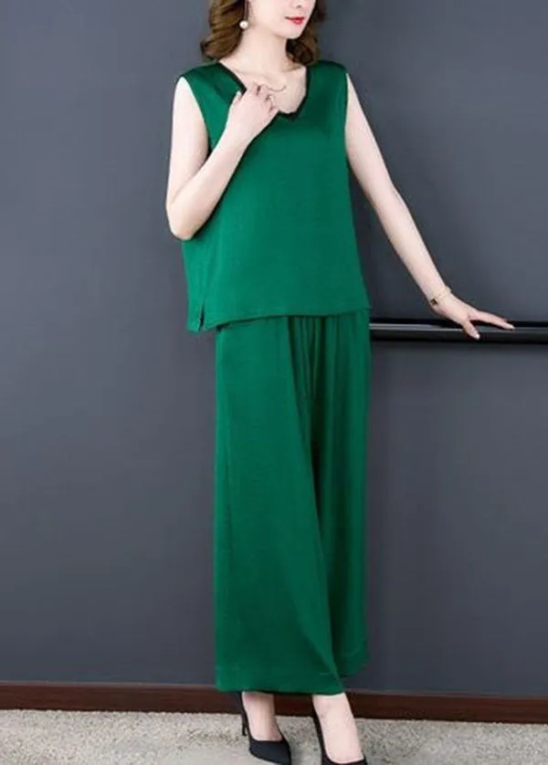 Natural Green V Neck Patchwork Silk Tops And Pants Two-Piece Set  Summer LY4589