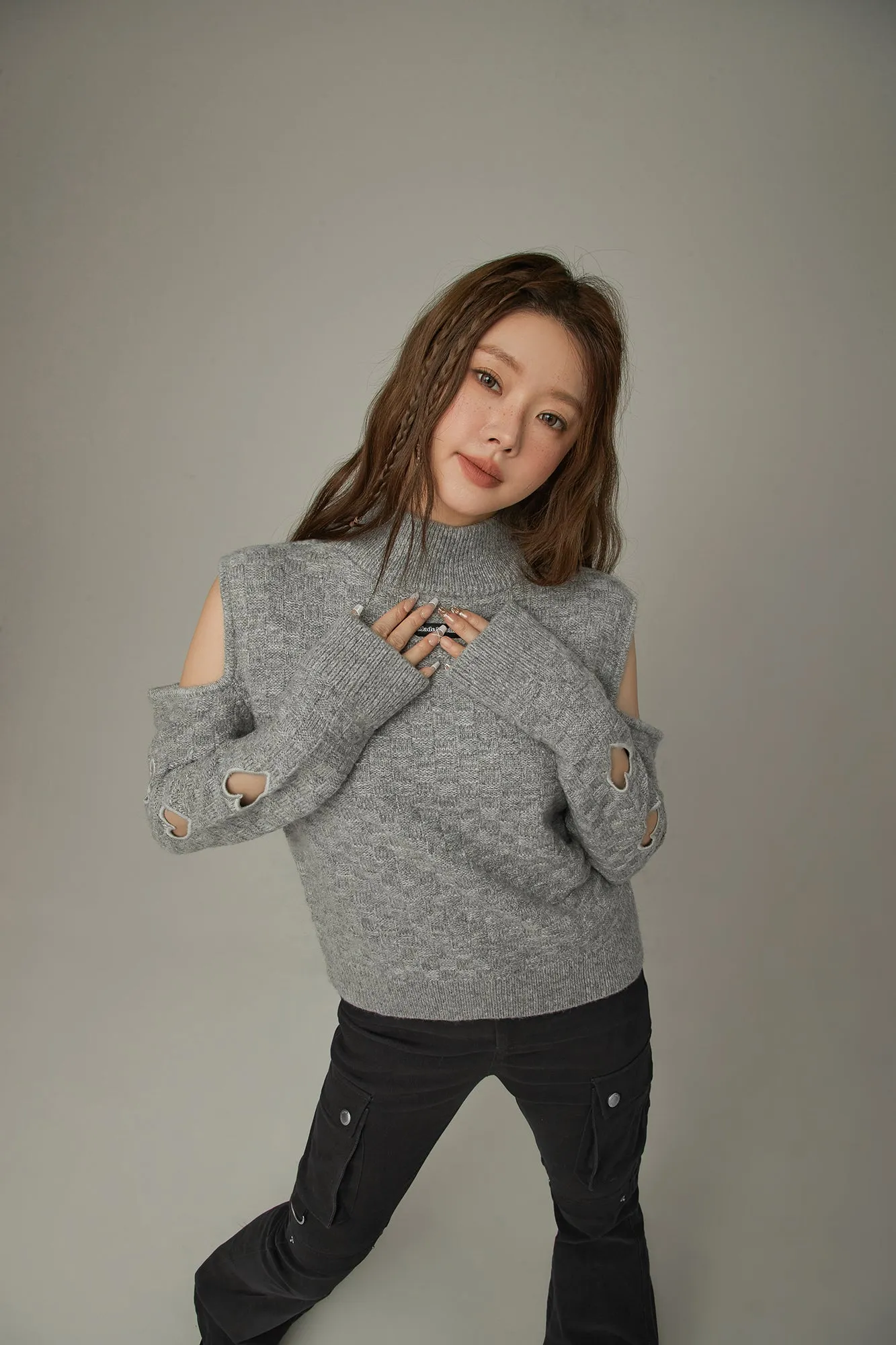 Off-Shoulder Heart Cut Out Knit Sweater