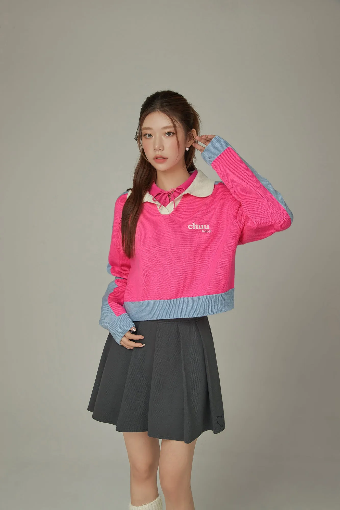 Open Collar Color Knit Sweater