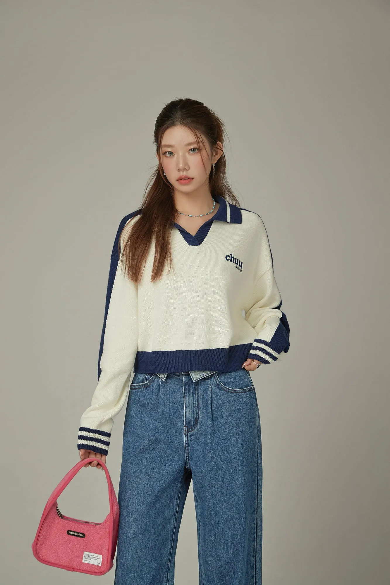 Open Collar Color Knit Sweater