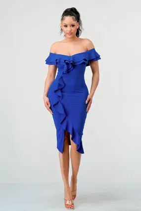 Royalblue Off Shoulder Ruffle Trim Bodycon Dress