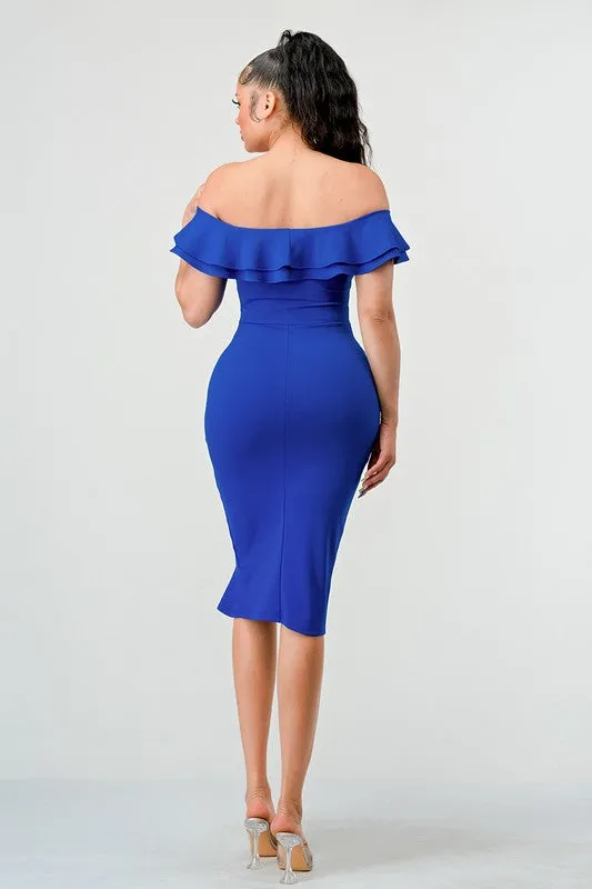 Royalblue Off Shoulder Ruffle Trim Bodycon Dress