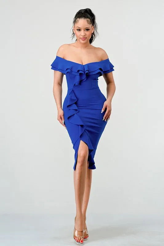 Royalblue Off Shoulder Ruffle Trim Bodycon Dress