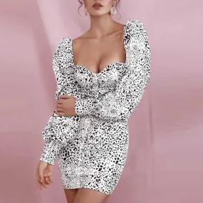 Sexy Drawstring Lantern Sleeve Square Neck Animal Leopard Lantern Long Sleeve Tube Top  bodycon dress