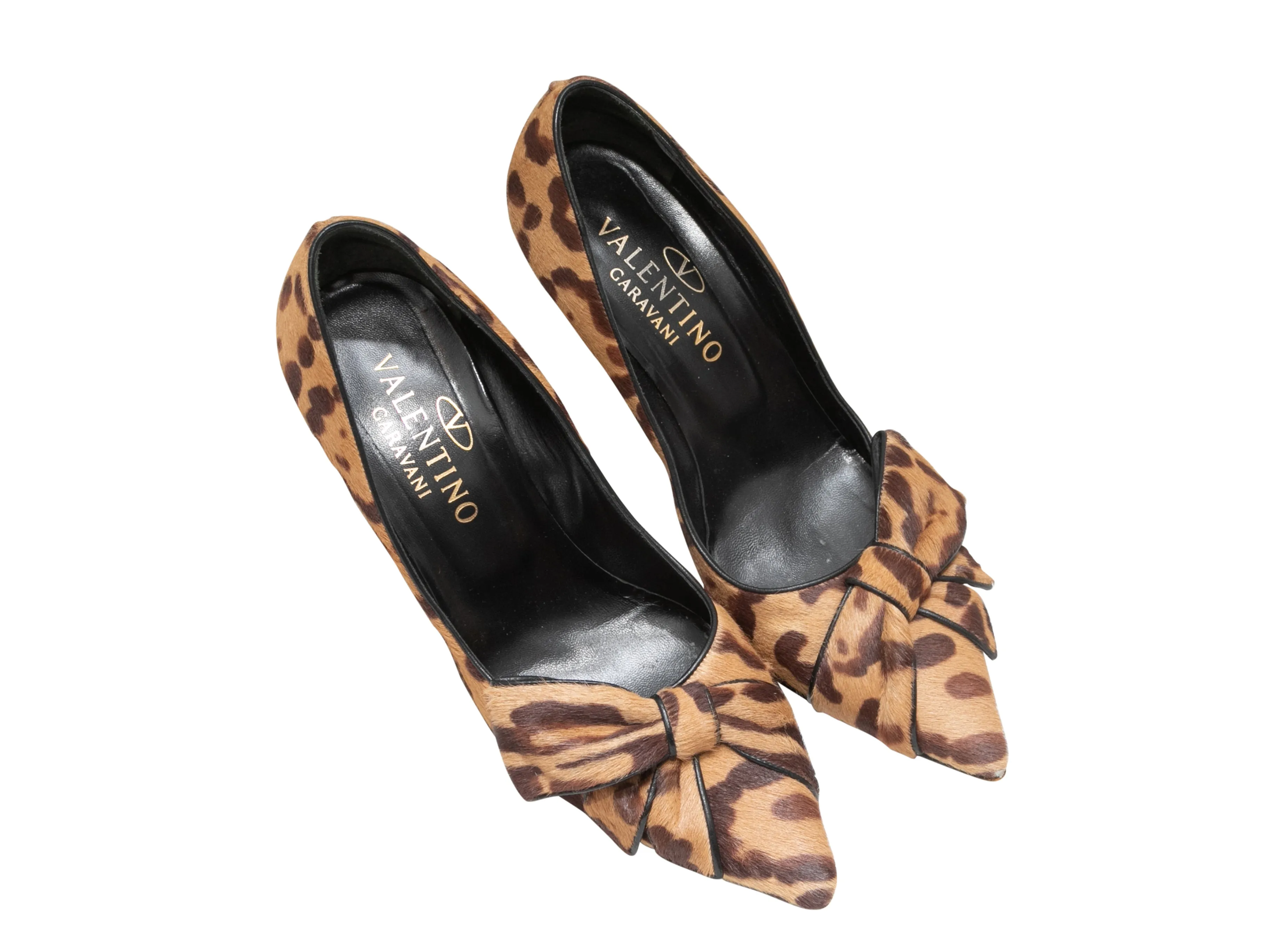 Tan & Brown Valentino Ponyhair Leopard Print Pointed-Toe Pumps Size 38.5