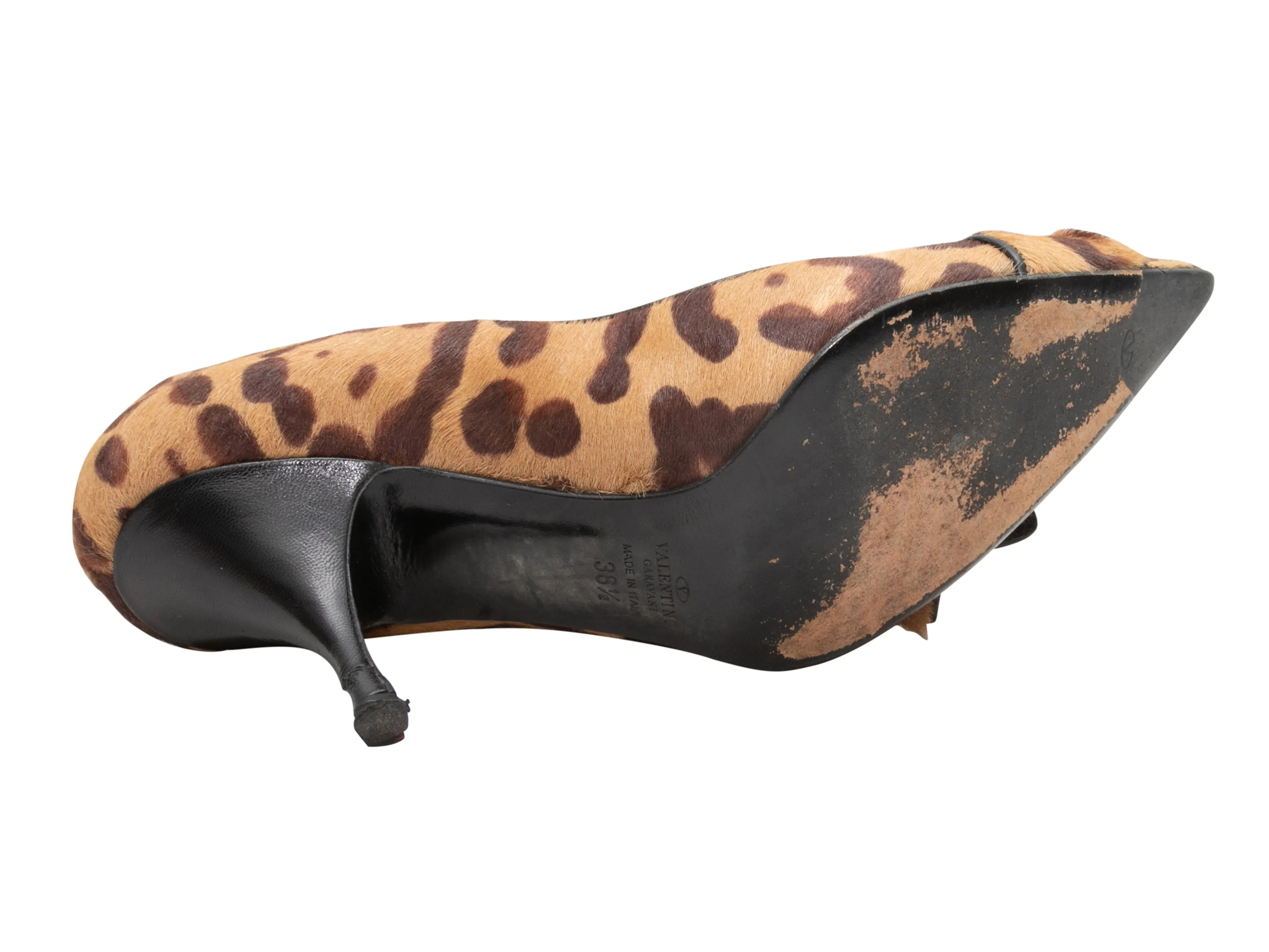 Tan & Brown Valentino Ponyhair Leopard Print Pointed-Toe Pumps Size 38.5