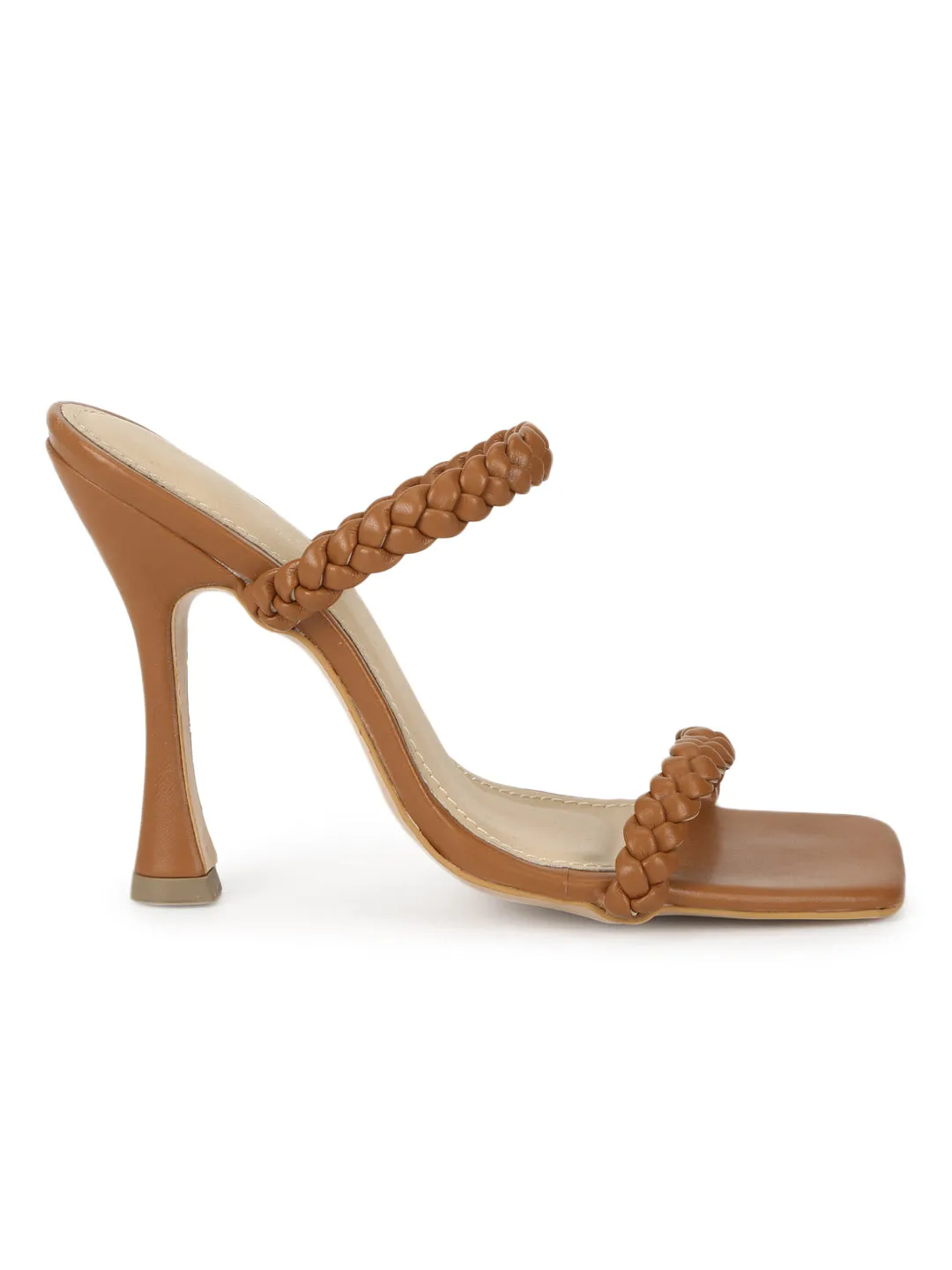 Tan PU Stiletto Heel Braided Mules