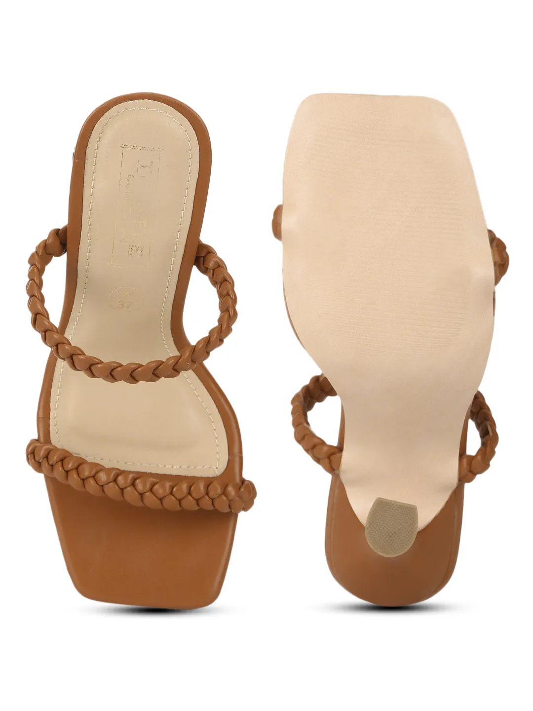 Tan PU Stiletto Heel Braided Mules